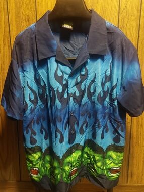 Men's Blue Graphic Button-Up Shirt - Hulk Flame Print AOP Vintage Y2k 2002